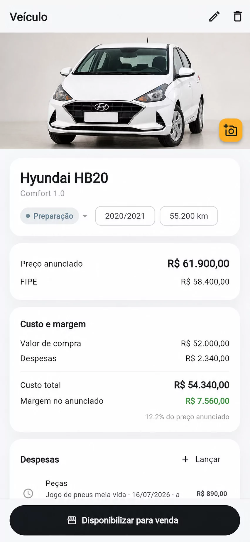 Tela do Hyundai HB20 com foto, preço, custo e margem